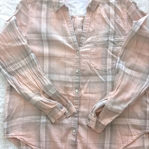 Calvin Klein pink and grey plaid snap button down high-low shirt